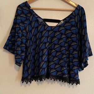Holly Braken XL Blue Patterned Women's Crop Top Embroidered Lace